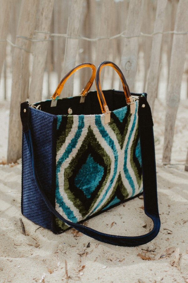 myconian tote beach bag velvet jacquard