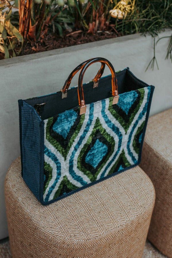 myconian tote beach bag velvet jacquard