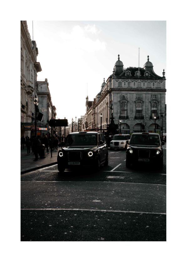 Piccadilly Circus, London, print street view, poster, cab, taxi, Piccadilly London, art