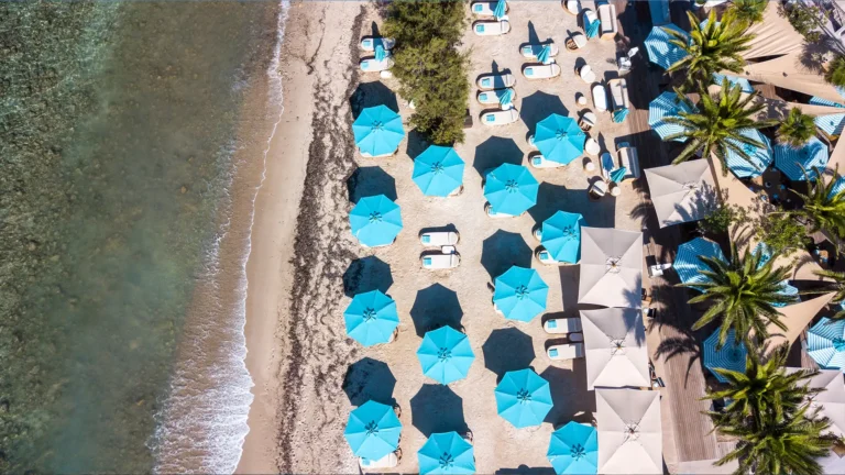nammos cannes beach club from above, sun beds, sea, umbrellas, palm beach